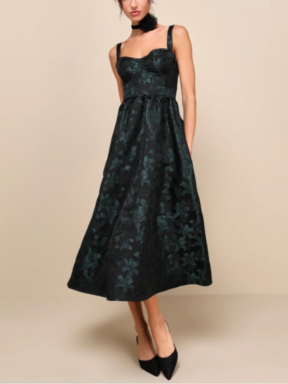 Lulus Dramatically Romantic Black Floral Jacquard Bustier Midi Dress L Cocktail
